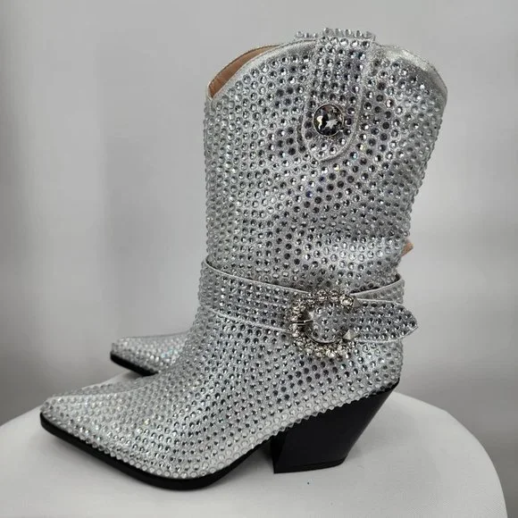 AZALEA WANG Federica Silver Crystal Shortie Western Cowgirl Boots 6-10 NWT - Picture 6 of 10